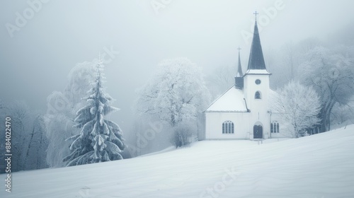 Wallpaper Mural Peaceful snowy church in winter landscape, surrounded by frosted trees and pristine snow, enveloped in a serene, tranquil, and magical ambiance. Torontodigital.ca