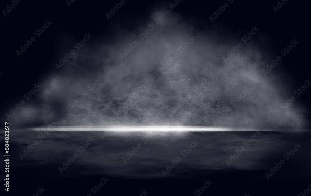 Fototapeta premium White smoke or fog flow on floor. Large mist in dark room on black background. Smoke on stage studio