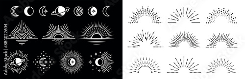 Linear moon sun rays set. Design constructor kit with different line ray, stars and boho style astronomy elements. Sunrise or sunset icons, vector collection