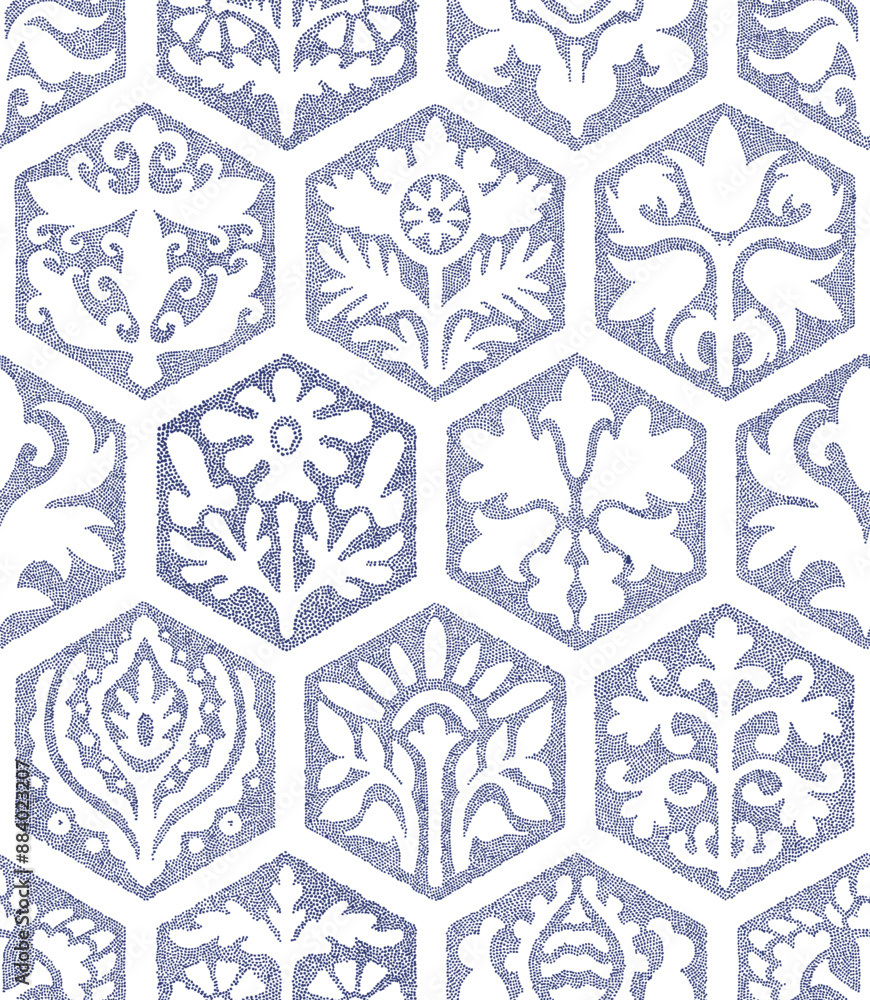 Cute seamless floral pattern. Ornament in polka dot style. Hexagonal tiles on a white background. Vector illustration. Cute seamless floral pattern. Ornament in polka dot style. Hexagonal tiles on a white background. Vector illustration.