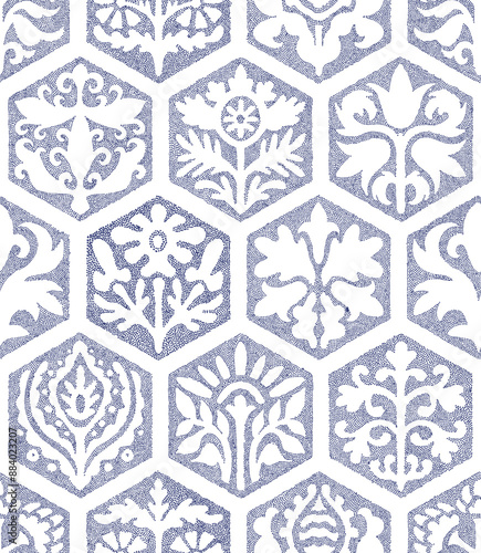 Cute seamless floral pattern. Ornament in polka dot style. Hexagonal tiles on a white background. Vector illustration.