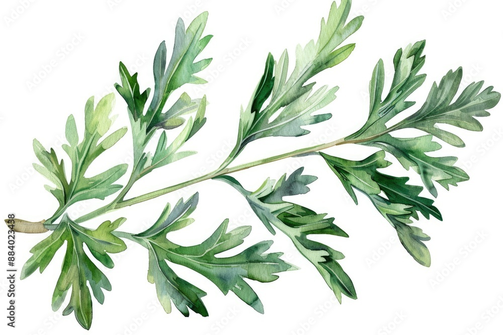 Naklejka premium Medicinal Wormwood Herb Sprig. Watercolor Illustration of Aromatherapy Plant Isolated on White