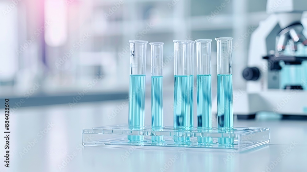 A row of four filled test tubes in a laboratory setting, blue liquid, scientific research and experiment concept. A row of four filled test tubes in a laboratory setting, blue liquid, scientific research and experiment concept.