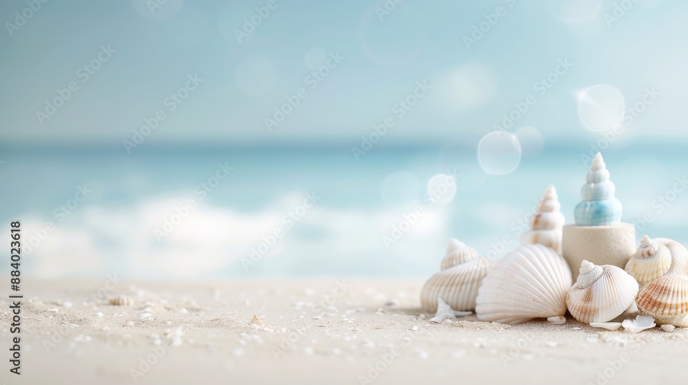 A serene beach scene with seashells on the sand, soft waves, and a clear blue sky, creating a tranquil seaside atmosphere. A serene beach scene with seashells on the sand, soft waves, and a clear blue sky, creating a tranquil seaside atmosphere.