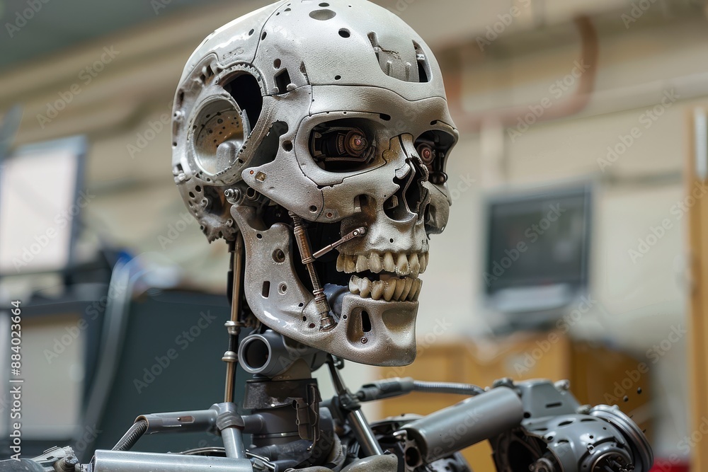 Fototapeta premium Rusty AI robot in a cluttered workshop, showcasing aged technology.