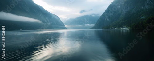 Serene mountain lake surrounded by misty peaks, reflecting clouds. Calm waters and a peaceful atmosphere depict natural beauty and tranquility.