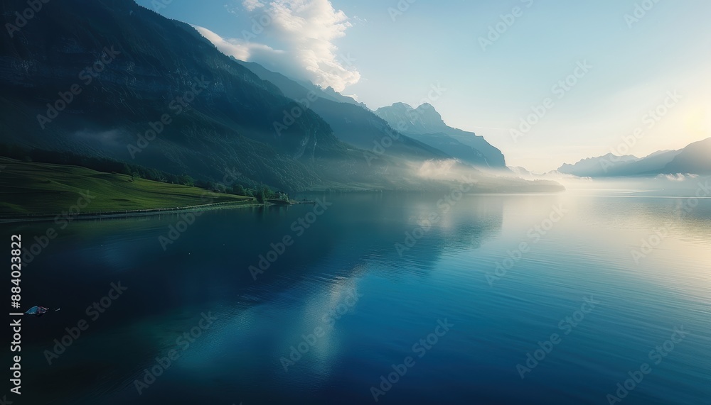 Serene mountain landscape with clear blue lake and misty skies, capturing the tranquility of nature at sunrise among the mountains. Serene mountain landscape with clear blue lake and misty skies, capturing the tranquility of nature at sunrise among the mountains.