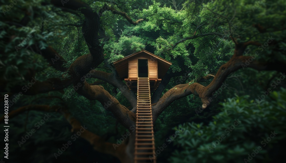 Serene treehouse perched high among lush green branches, offering a peaceful nature escape. Adventure and tranquility in the heart of the forest. Serene treehouse perched high among lush green branches, offering a peaceful nature escape. Adventure and tranquility in the heart of the forest.