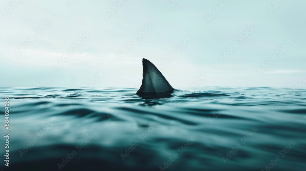 Fototapeta premium Shark fin emerging from the ocean surface, depicting a sense of danger and mystery in the deep sea. Ideal for marine and wildlife concept visuals.