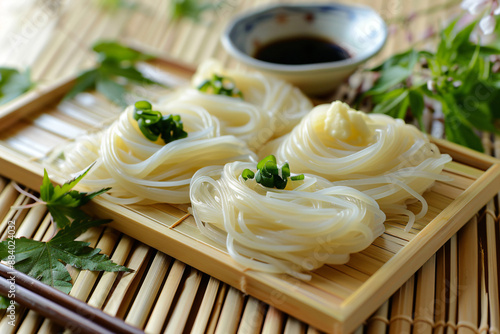 Japanese White Noodles on a Bamboo Tray.