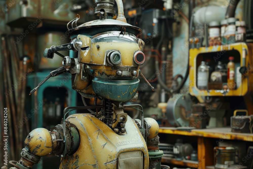 Fototapeta premium Rusty AI robot in a cluttered workshop, showcasing aged technology.