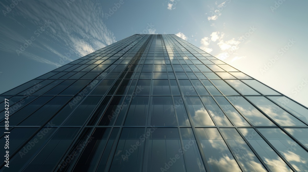 Fototapeta premium Skyscraper with reflective glass, capturing the skyline and clouds, representing modern architecture and urban development.