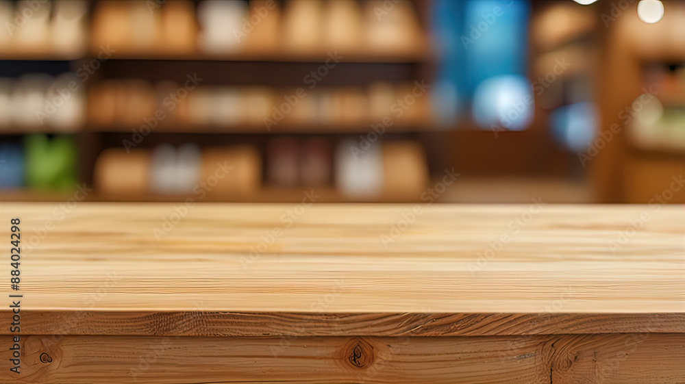 Empty wooden tabletop with blurred supermarket background for product display Empty wooden tabletop with blurred supermarket background for product display
