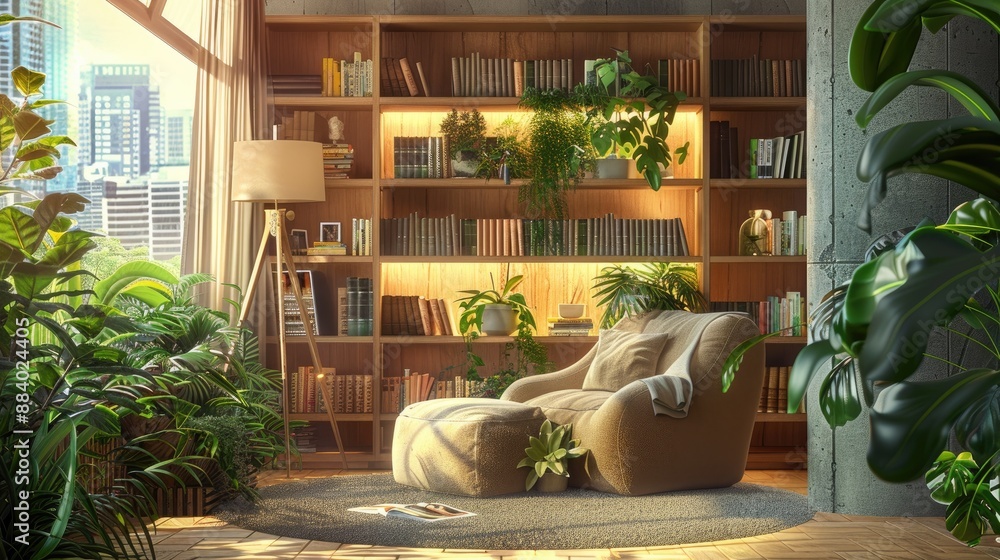 Fototapeta premium A cozy reading nook with a built-in bookshelf