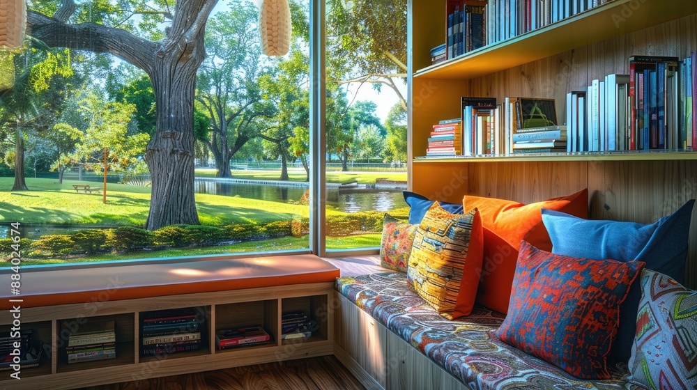 A cozy reading nook with a built-in bench A cozy reading nook with a built-in bench