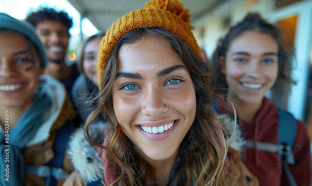 Millennial university students, a multiracial group of friends, laugh together while taking a selfie outside on campus, embodying the spirit of friendship and youth. Millennial university students, a multiracial group of friends, laugh together while taking a selfie outside on campus, embodying the spirit of friendship and youth.