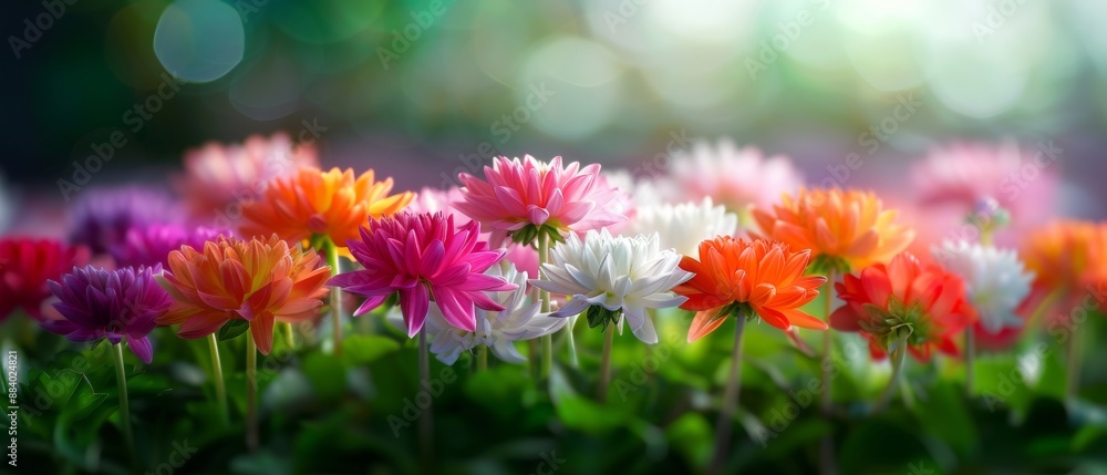 A vibrant garden filled with colorful blooms in shades of pink, orange, white, and purple, bathed in soft sunlight, creating a serene atmosphere. A vibrant garden filled with colorful blooms in shades of pink, orange, white, and purple, bathed in soft sunlight, creating a serene atmosphere.
