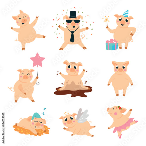 Cartoon funny pigs. Little pig different poses and actions. Ballerina angel billionaire and birthday animal. Positive children mascots, classy vector set