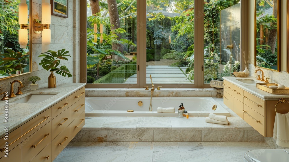 A luxurious bathroom with a sunken bathtub A luxurious bathroom with a sunken bathtub
