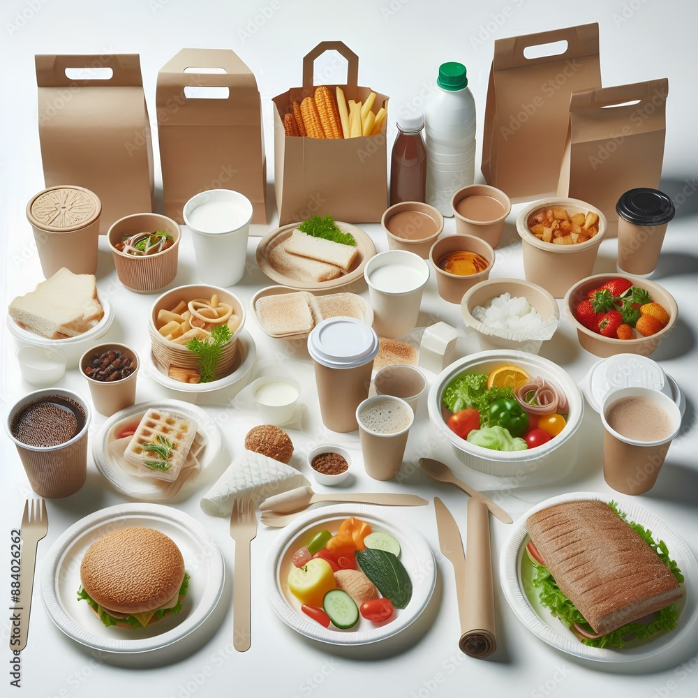 Group shot of biodegradable and recyclable food packaging on white background. Group shot of biodegradable and recyclable food packaging on white background.
