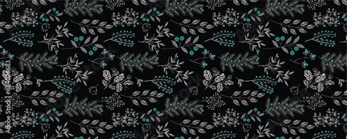 abstract vintage floral botanical decorative element background allover seamless pattern design illustration in grey black teal color combination digital home textile and apparels