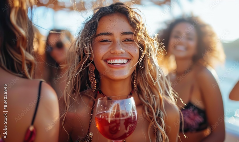 A multiracial group of friends danced and drank red wine at a rooftop party, having fun outside on a summer vacation. A multiracial group of friends danced and drank red wine at a rooftop party, having fun outside on a summer vacation.