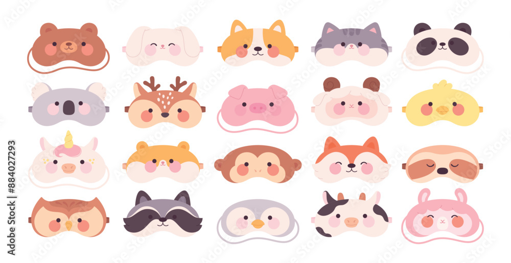 Obraz premium Animal dreaming masks. Children sleep mask, cartoon mascots. Travel night accessories. Bear pig unicorn panda fox faces, racy vector trip clipart
