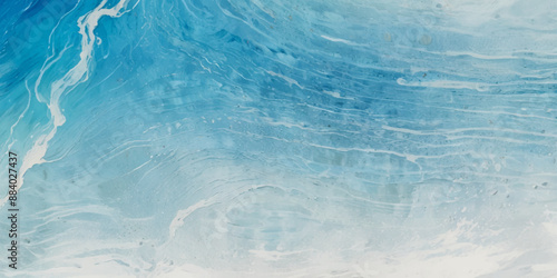 Beautiful soft blue sea water, ocean wave background. Soft blue and white hand printed creative marble texture ocean background.