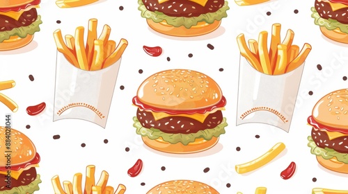 Seamless pattern of cartoon style burgers and french fries on white background photo