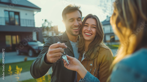 Smiling couple is receiving keys to a new home from a real estate agent photo