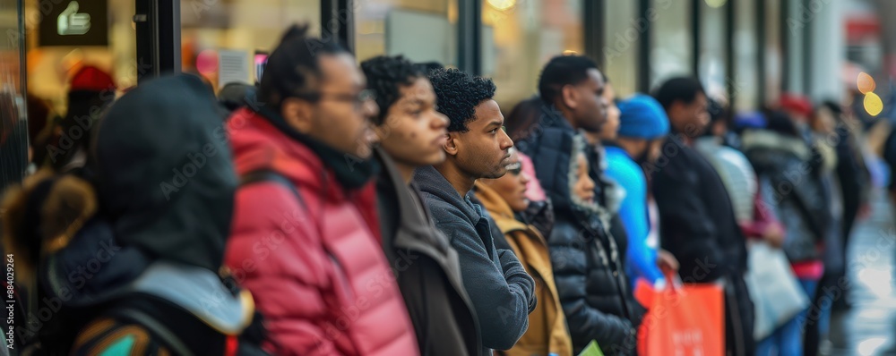 People in winter jackets standing in long line outside store, waiting for Black Friday sale. People in winter jackets standing in long line outside store, waiting for Black Friday sale.