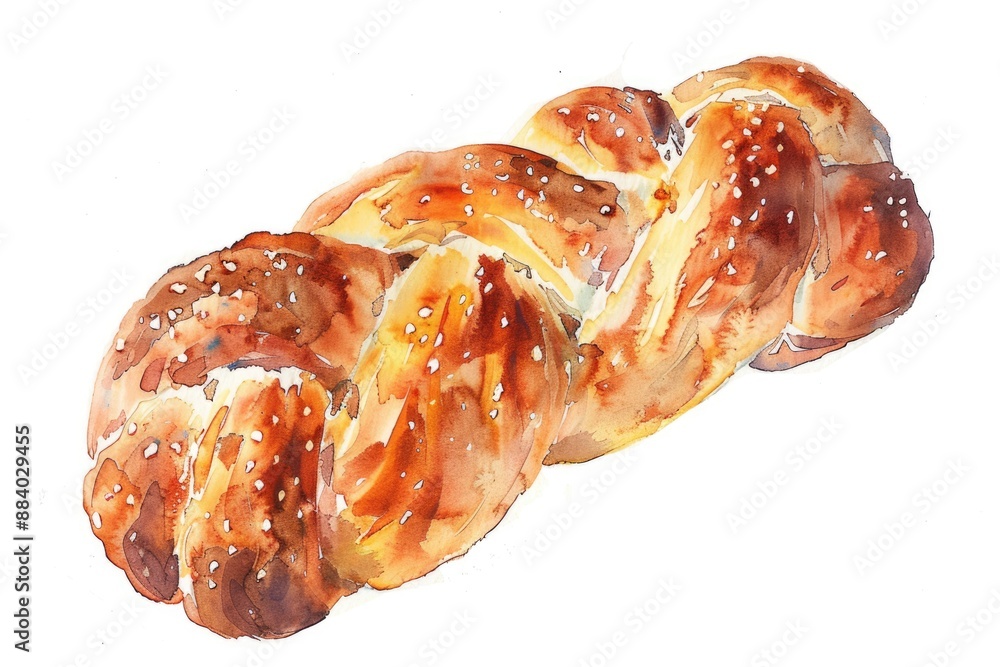 Fototapeta premium Traditional Jewish Challah Bread with Sesame Seeds. Hand-drawn Watercolor Illustration of Fresh Braided Pastry on White Background