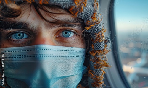 A young man wearing a protective face mask takes a selfie portrait while sitting on an aircraft seat near the window during the flight, enjoying unrestricted air travel. photo