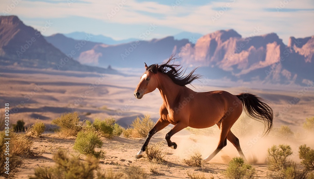 Wild mustang running through a desert landscape Wild mustang running through a desert landscape