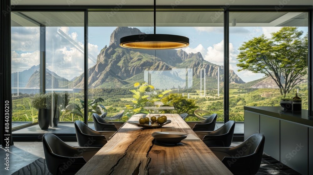 Fototapeta premium A modern dining room with a long wooden table