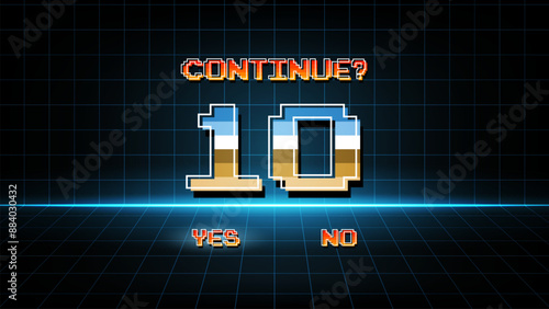 countdown to continue After the game over screen, retro 8 bit style.pixel art.	
