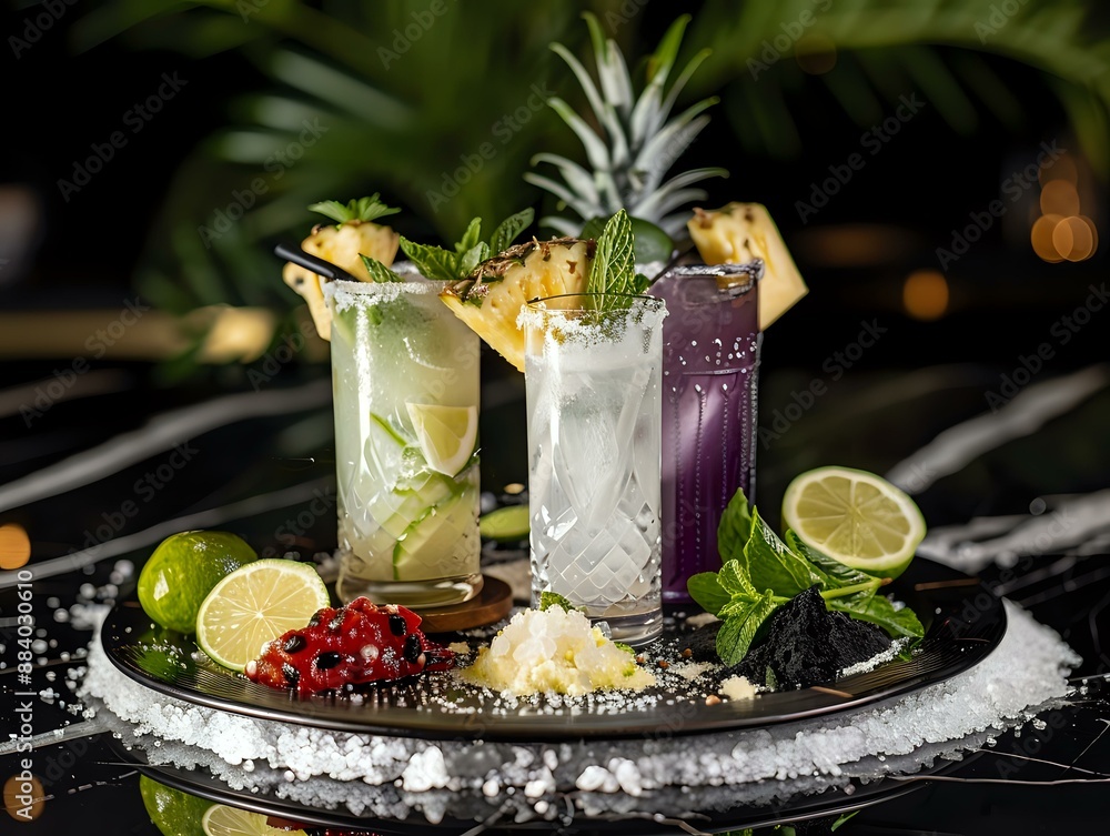 Fototapeta premium Tropical Fruit Arrangement with Margarita Pitcher and Flavorful Rim Seasonings