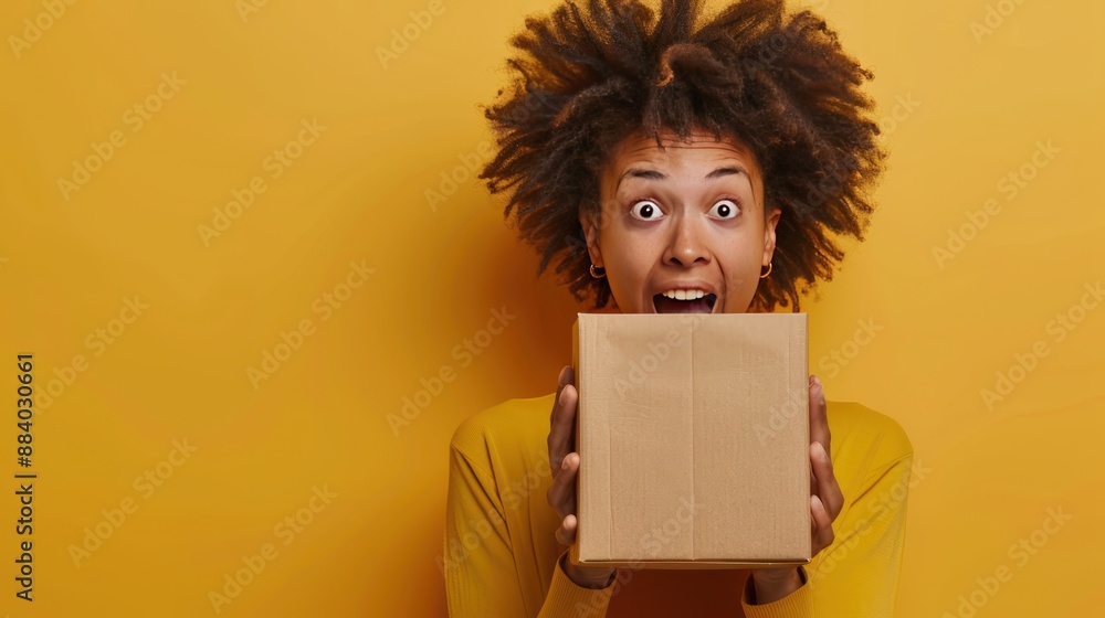 Excited person unboxing a new tech gadget with a look of wonder. Excited person unboxing a new tech gadget with a look of wonder.
