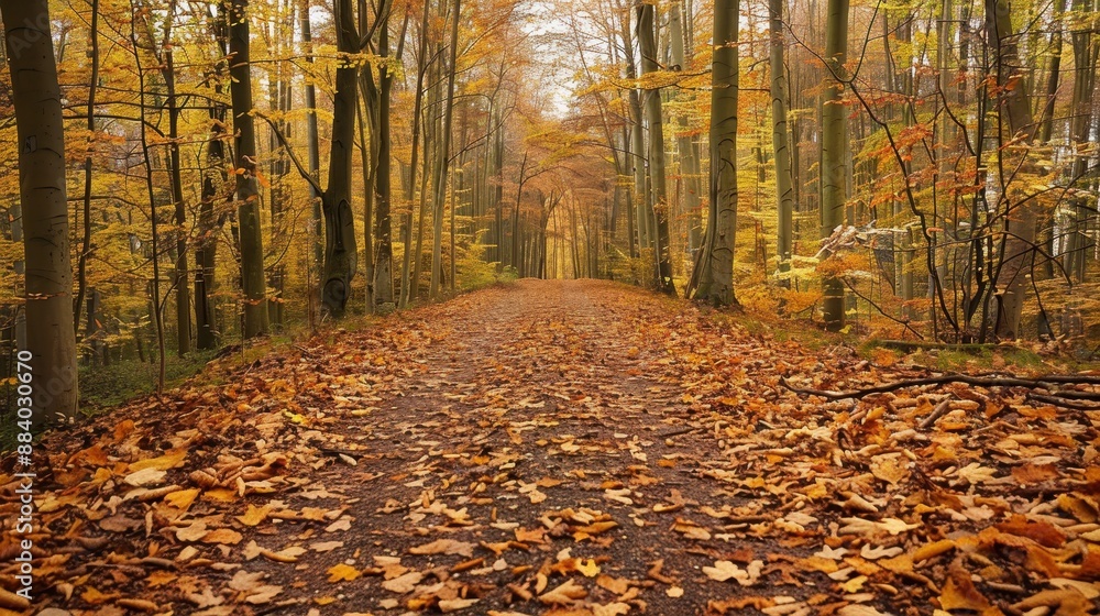 A forest path covered in early fallen leaves, suggesting the onset of autumn, with copy space effectively used in the upper third. A forest path covered in early fallen leaves, suggesting the onset of autumn, with copy space effectively used in the upper third.
