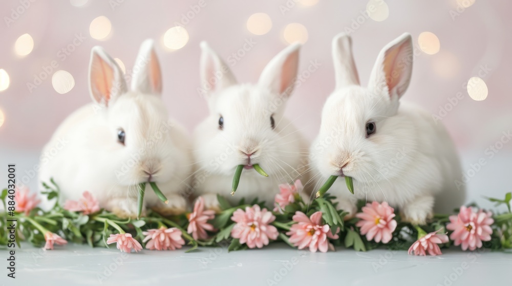 Adorable trio of white rabbits nibbling on greenery surrounded by pink flowers with a soft bokeh background, creating a whimsical scene. Adorable trio of white rabbits nibbling on greenery surrounded by pink flowers with a soft bokeh background, creating a whimsical scene.