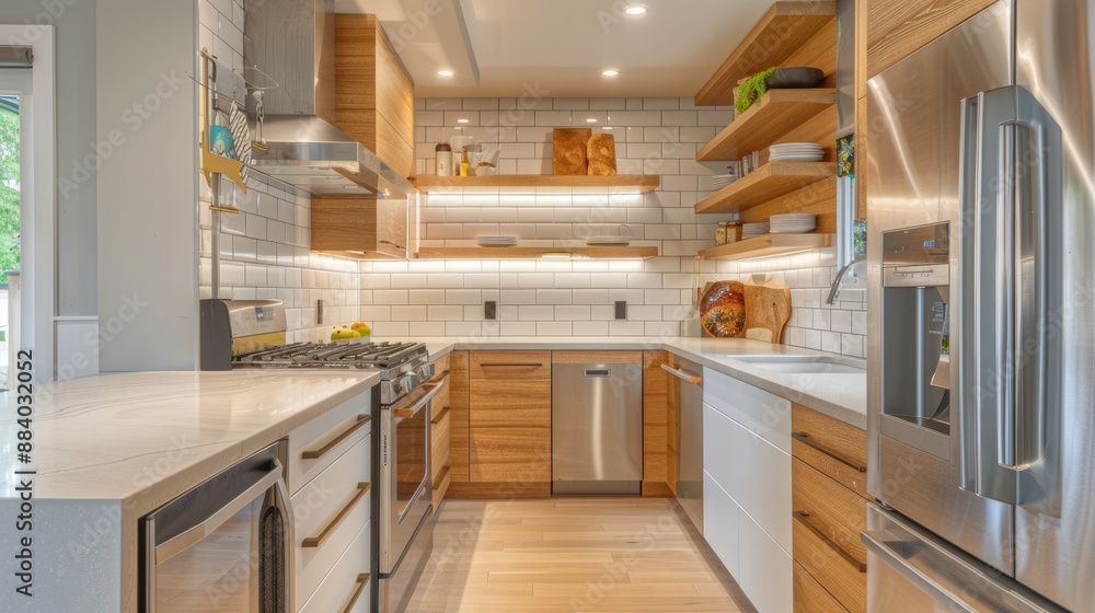 A modern kitchen with open shelving A modern kitchen with open shelving