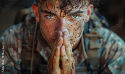 During the war, the young soldier cried and prayed.