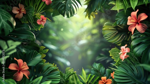 Tropical Jungle with Lush Green Foliage and Vibrant Hibiscus Flowers in Sunlight