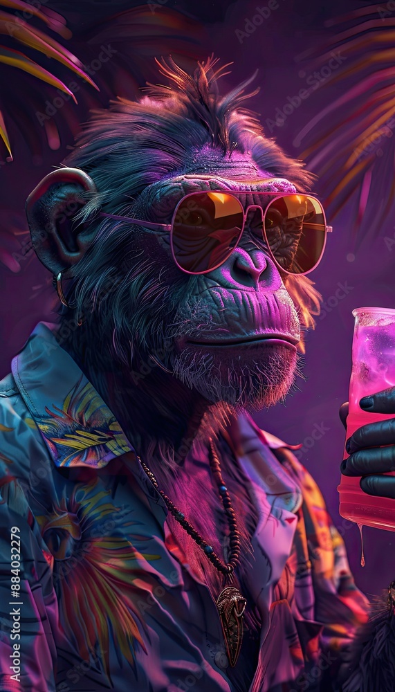 Ape with sunglasses and shirt holding pink drink, purple background, neon colors, vibrant color gradients, dark shadows, high contrast, hyper-realistic illustrations Ape with sunglasses and shirt holding pink drink, purple background, neon colors, vibrant color gradients, dark shadows, high contrast, hyper-realistic illustrations