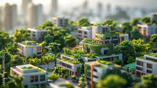 Sustainable Urban Living: Modern Eco-Friendly Buildings with Green Roofs and Lush Vegetation in a Futuristic Cityscape