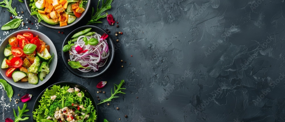 Assorted healthy salads in bowls on a dark background. Fresh vegetables and vibrant ingredients perfect for a nutritious meal. Assorted healthy salads in bowls on a dark background. Fresh vegetables and vibrant ingredients perfect for a nutritious meal.