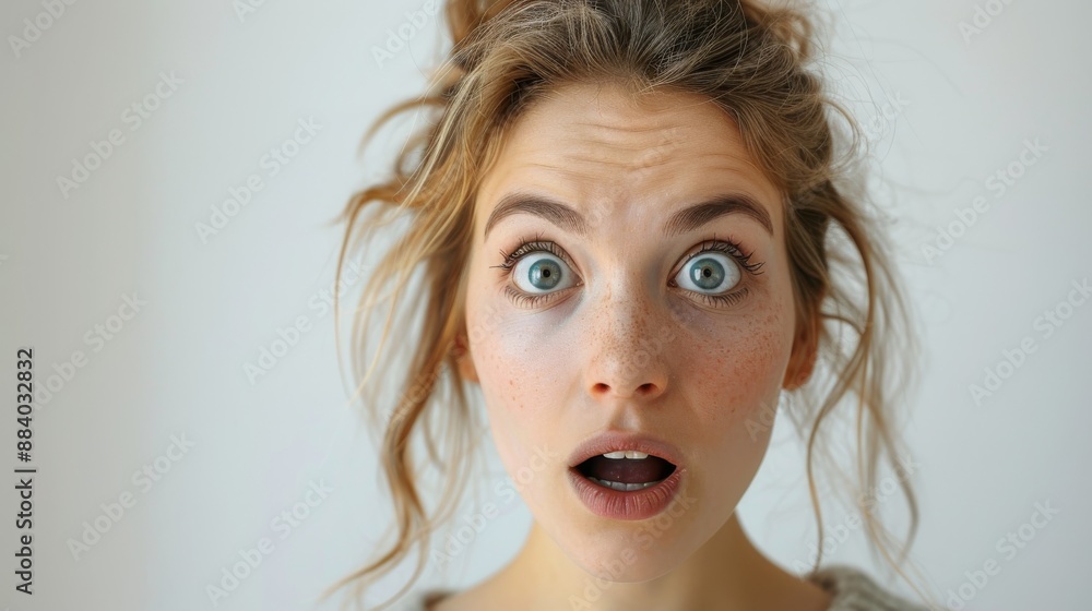 Amazed young woman with freckles and blue eyes looking at camera with shock and surprise Amazed young woman with freckles and blue eyes looking at camera with shock and surprise