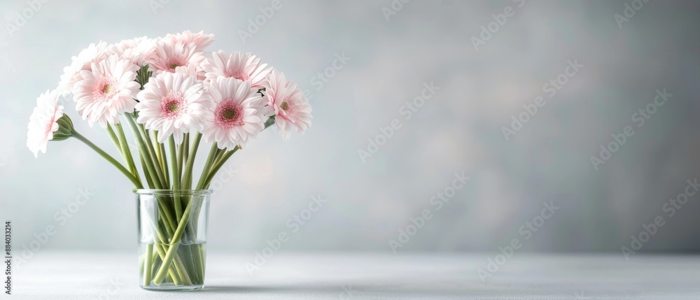 Beautiful bouquet of pink daisies in a glass vase on a light gray background, perfect for spring or home decor themes. Beautiful bouquet of pink daisies in a glass vase on a light gray background, perfect for spring or home decor themes.
