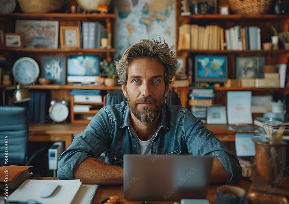 A bearded man sitting at a desk with a laptop in front of him. A bearded man sitting at a desk with a laptop in front of him.