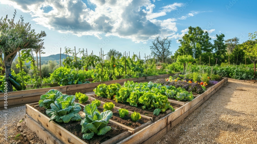 Elevated Garden Beds with Lush Greens Under a Cloudy Sky, garden beds, raised bed gardening, organic vegetables, edible landscape Elevated Garden Beds with Lush Greens Under a Cloudy Sky, garden beds, raised bed gardening, organic vegetables, edible landscape